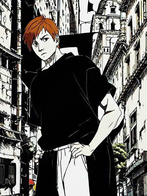 a short boy, short ginger hair, black eyes, thin eyebrows, wearing black clothes, city, high res, masterpiece, 8k, full growth, ...