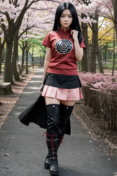 naruto screenshot, long black hair girl with the Sharingan wearing sakura shirt, skirt and boots