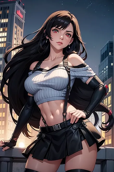 perfect eyes:1.2, detailed eyes:1.4, serious, hand on hip, night, city, mettifa, red eyes, large breasts, low-tied long hair, ea...