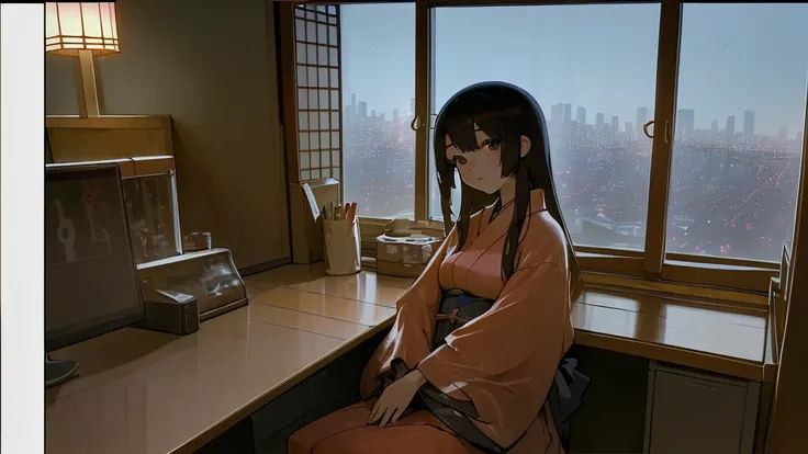 A beautiful Japanese woman in her twenties sitting by the window at her computer. Outside the window is the city at night. Horizontal screen size.