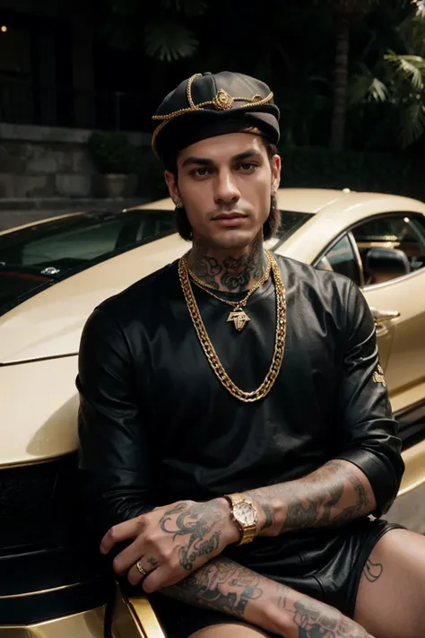 man with face without beard or mustache .Black baseball cap,heavily tattooed dressed in gucci clothes with gold and diamond chains and luxury watches , sitting on top of a lamborgini smoking at night