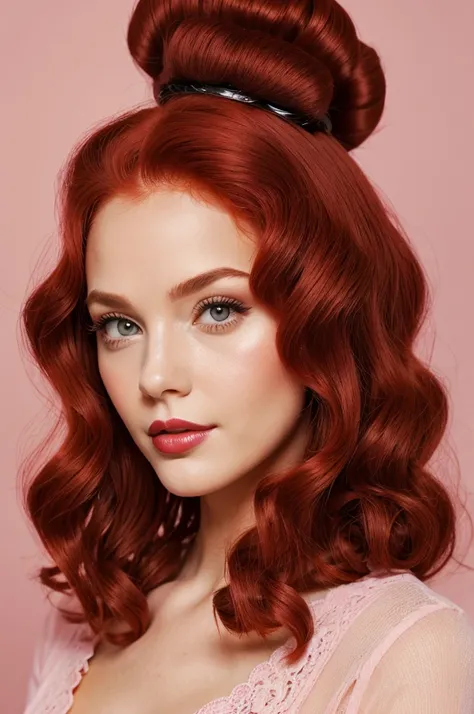 Women, medium red hair with curlers, eyes the color of honey, pink lips, medium build