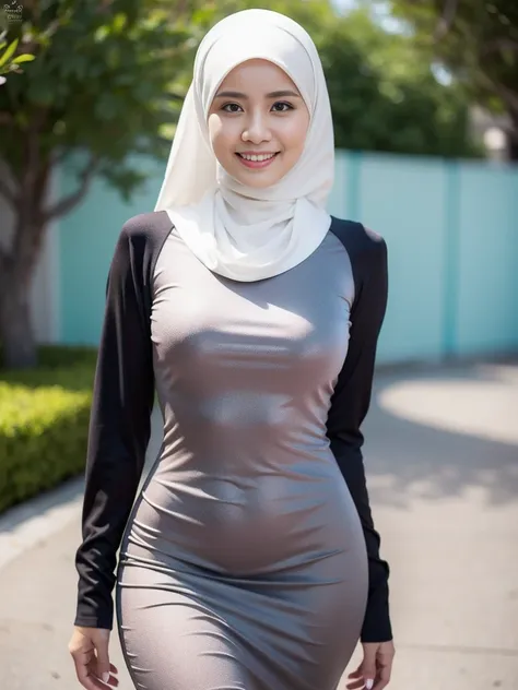 36 years Old, Hijab Indonesian mature woman, school corridor, Slim body, tight long sleeve dress, Breast about To burst out, blur background, bokeh, smiling, elegant, detailed skin, 