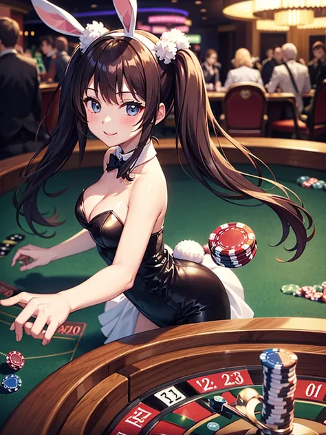 casino、Roulette Dealer、Light blue long hair、Beautiful girl with twin tails、Bunny Girl Costume、Bright smile、Throwing the dice on roulette