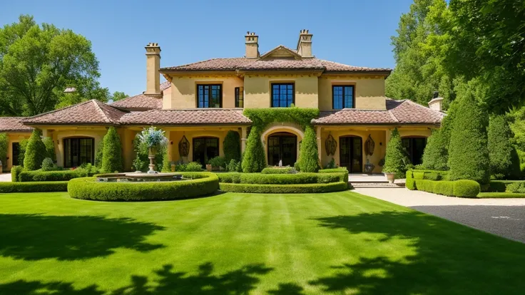 Luxurious country house with garden, , Mexican style on a striking summer day with blue sky. nature, Beautiful residential area house. living room of luxurious house, Real Estate Properties. - High Resolution Image
