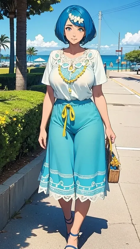 a cute hawaiian girl beautiful beautiful attraction big chest light blue hair short round wearing shell hair her bright blue eye she wears a white shirt yellow lace thread and her skirt blue pants long black heel