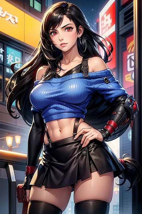 perfect eyes:1.2, detailed eyes:1.4, serious, hand on hip, night, city, metTifa, red eyes, large breasts, low-tied long hair, earrings, cropped sweater, blue sweater, off-shoulder, short sleeves, suspender skirt, elbow gloves, armored legwear, medium full ...