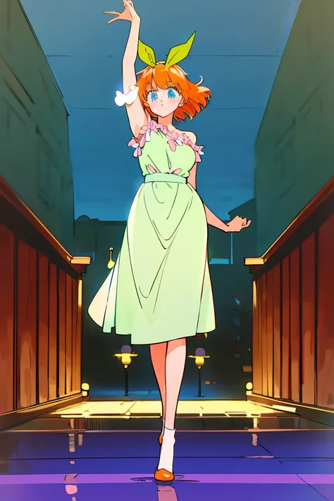 Yotsuba nakano, dancing in the moonlight, dynamic pose, moonlight background, full body, dancing girl, pretty flowing dress, wind, sweet dreamy face, (Old anime, vintage anime, 90s anime style, naoko takeuchi style, masterpiece、top-quality, Official art、Be...