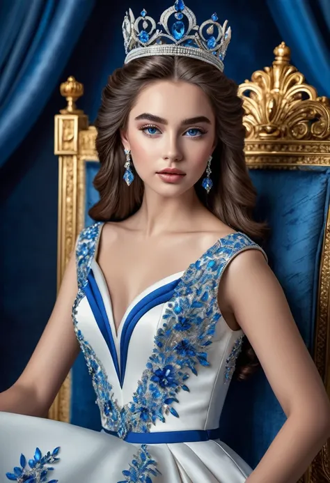 A breathtaking portrait of a young 20-year-old queen adorned with a magnificent crown. She wears a luxurious white and blue dress that accentuates her figure, paired with elegant blue heels. The queens expression is confident and regal, her eyes full of wi...