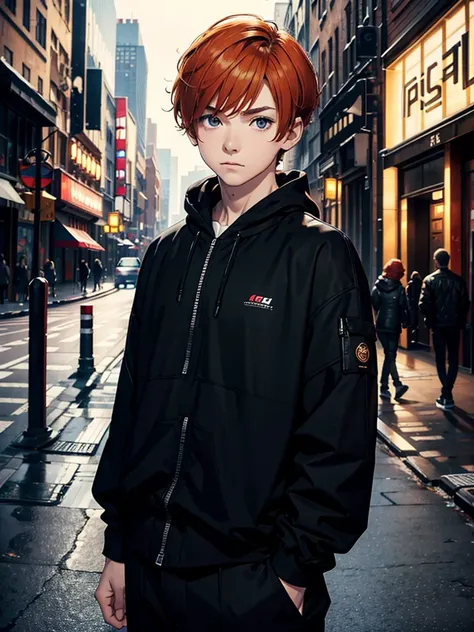 A short boy, short ginger hair, black eyes, thin eyebrows, wearing closed black clothes, city, high res, masterpiece, 8K, full growth, looking to a viewer