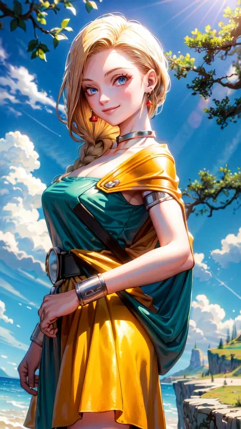 (Masterpiece, Best Quality:1.2), 1 Girl, Solo, 1girl, Bianca, DQ5, Illustration, Anime Style, Long Hair, Blonde Hair, Single Blade, Over Shoulder Hair, Blue Eyes, Smile,, Dress, Jewelry, Earrings, Choker, Cape, Bracelet, Nature, Outdoors, Blue Sky