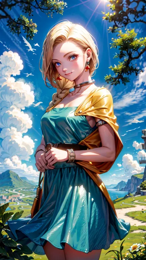 (Masterpiece, Best Quality:1.2), 1 Girl, Solo, 1girl, Bianca, DQ5, Illustration, Anime Style, Long Hair, Blonde Hair, Single Blade, Over Shoulder Hair, Blue Eyes, Smile,, Dress, Jewelry, Earrings, Choker, Cape, Bracelet, Nature, Outdoors, Blue Sky