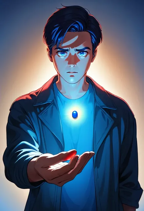 A man is standing, holding two pills in his outstretched hands. On the left, he holds a bright blue pill, glistening in the light. On the right, he holds an intense red pill, which seems to emit a soft glow. He is staring at the pills, with an indecisive a...