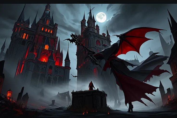 ascribed image of a man in a red cloak, standing in front of the castle, Fantasy Vampires, gothic fantasy art, Spelling, Spelling inspired, Draculas Castle, dark fantasy artwork, dark fantasy art, Castelvania, dark fantasy concept art, dark fantasy horror ...