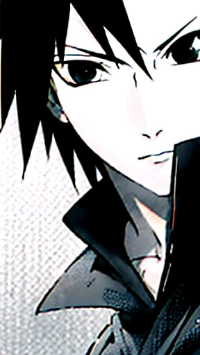 black and white image art, best quality, ultra-detailed, illustration, Sasuke Uchiha A black-haired, black-eyed man looks at the camera with a serious look on his face.