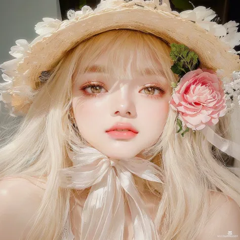 blonde girl with a hat and a flower in her hair, ulzzang, Kawaii realistic portrait, pale porcelain white skin, Sakimichan, pale round face, white hime cut hairstyle, pale ivory skin, Beautiful natural anime face, fairy core, pale milky white porcelain ski...