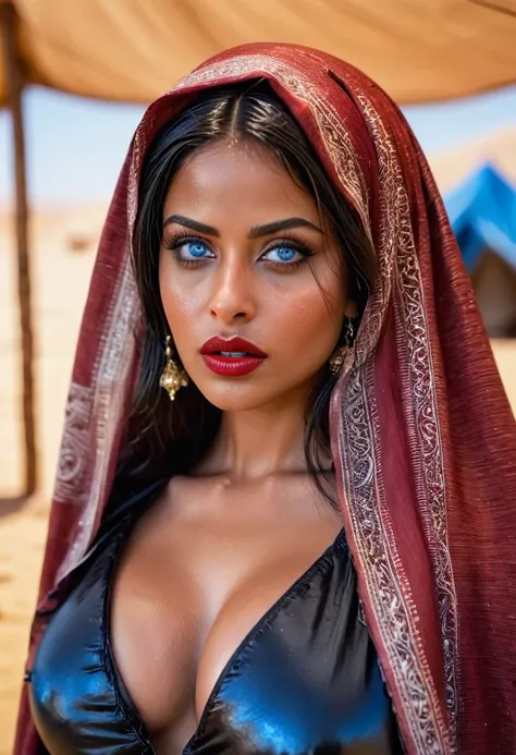 (muste piece, highest quality)((8k)),full body,super detailed,arab girl ,blue eyes.red lips ,photorealistic,dark bronze shiny skin,beautiful female mode,dark skin Black woman in clothes from biblical times, blue eyes, living in a Bedouin tent,swety skin,ho...