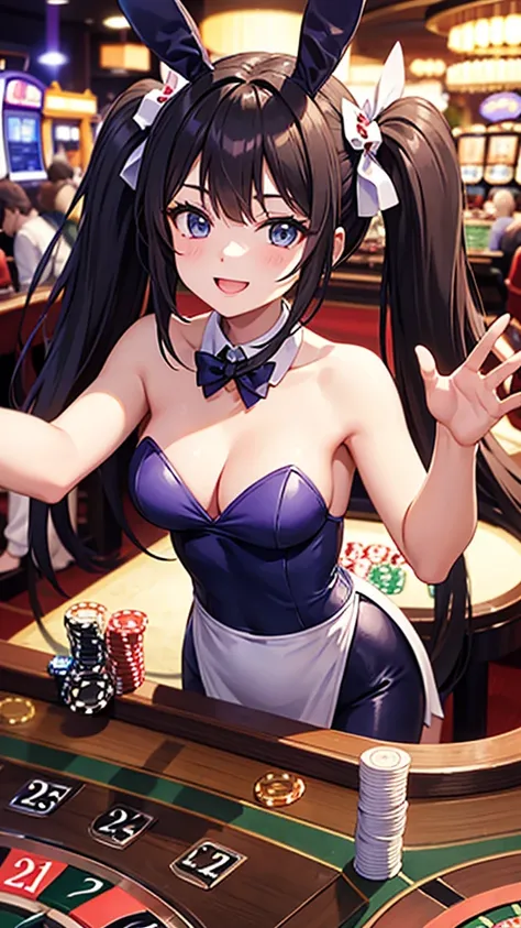 casino、Roulette Dealer、Light blue long hair、Beautiful girl with twin tails、Bunny Girl Costume、Bright smile、Throwing the dice on roulette