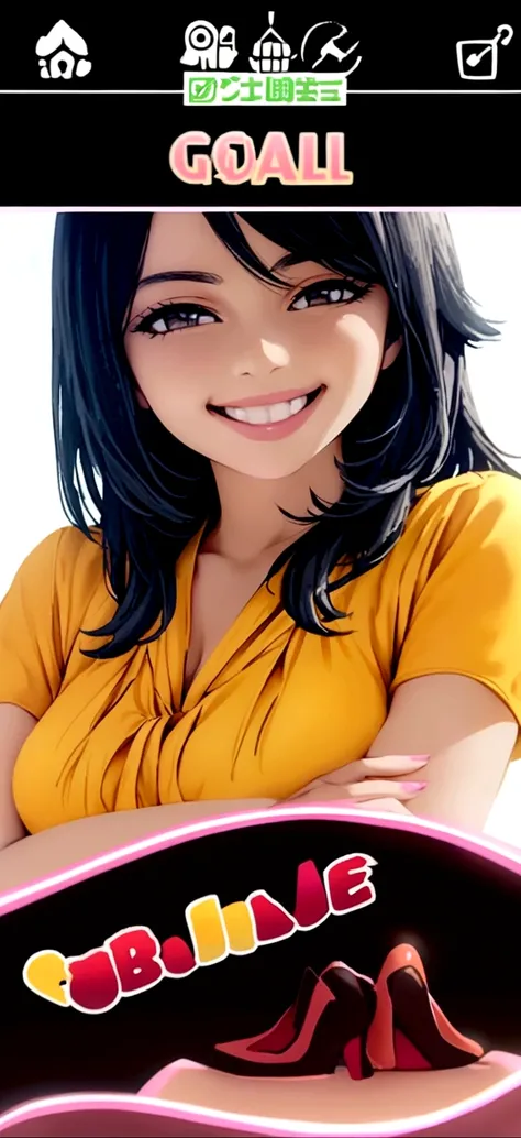 Young woman with long black hair and big eyes smiling and with her arms crossed in orange clothes 