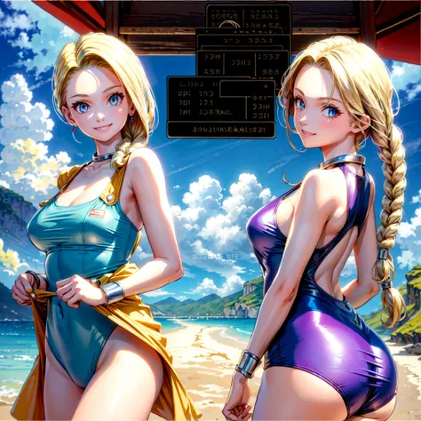 (masterpiece, highest quality:1.2), 1 girl, solo, 1 girl, Bianca, DQ5, illustration, anime style, long hair, blonde hair, single braid, over the shoulder hair, blue eyes, smiling, competitive swimsuit, bracelet, nature, outdoors, blue sky