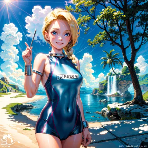 (masterpiece, highest quality:1.2), 1 girl, solo, 1 girl, Bianca, DQ5, illustration, anime style, long hair, blonde hair, single braid, over the shoulder hair, blue eyes, smiling, competitive swimsuit, bracelet, nature, outdoors, blue sky