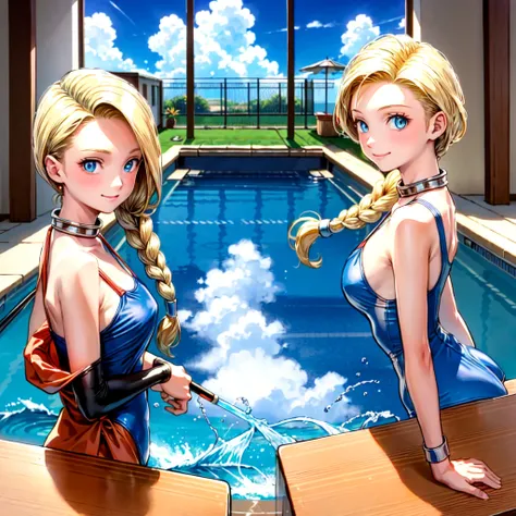 (masterpiece, highest quality:1.2), 1 girl, solo, 1 girl, Bianca, DQ5, illustration, anime style, long hair, blonde hair, single braid, over-the-shoulder hair, blue eyes, smiling, competitive swimsuit, indoor pool, blue sky