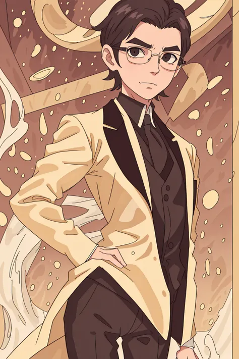 A thin man wearing a tight-fitting tuxedo and suit, really short swept back hair, long sculpted face, looking very smug, wearing circular glasses, wearing a yellow suit with gold accents, standing in front of a golden sky