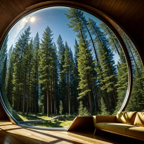 best quality, masterpiece, 4K, detailed, shading, inside a sci-fi golden sphere shelter, sci-fi, futuristic architecture, interior view:1.4, conifer forest outside