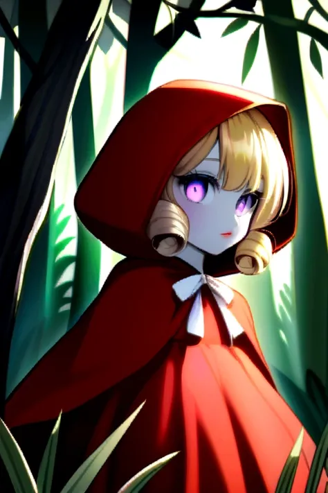 A curly blonde young girl, pale skin with violet eyes and reddish lips, dressed as little red riding hood, in a forest as a background 