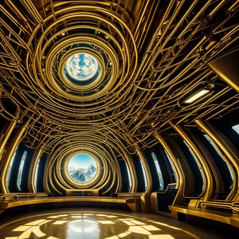 best quality, masterpiece, 4K, detailed, shading, inside a sci-fi golden sphere shelter, sci-fi, futuristic architecture, (interior view:1.4), (conifer forest outside:0.6)