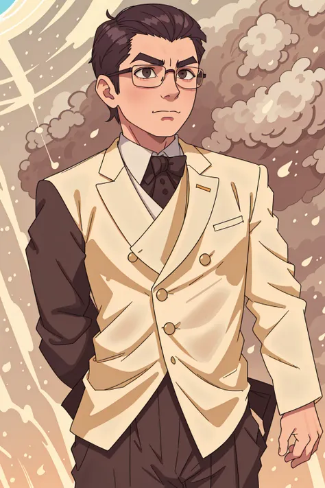 A thinner man wearing a tight-fitting tuxedo and suit, really short swept back hair, shaved sides of his head, long sculpted face, looking very smug, wearing circular glasses, wearing a yellow suit with gold accents, standing in front of a golden sky