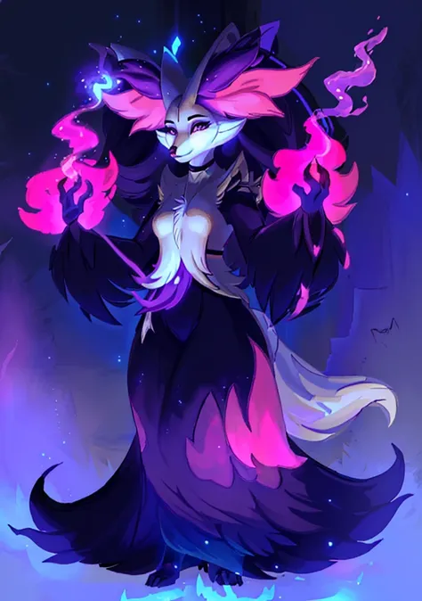 a closeup of a cartoon character with long hair, dark fox wizard, pira, aura of darkness, painted in the arcane style, arcane ar...