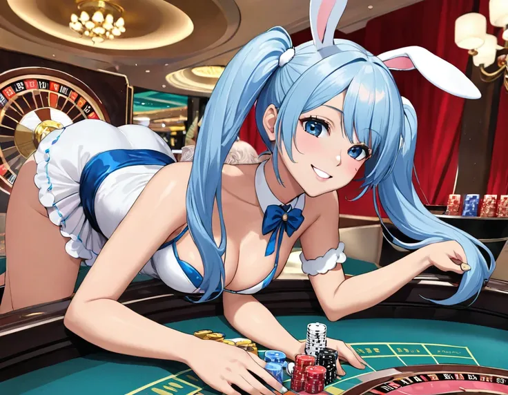 casino、Throwing the big dice on roulette、Roulette Dealer、Light blue long hair、Beautiful girl with twin tails、Bunny Girl Costume、Bright smile、