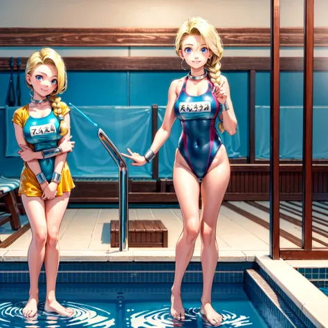 (masterpiece, highest quality:1.2), 1 girl, solo, 1 girl, Bianca, DQ5, illustration, anime style, long hair, blonde hair, single braid, blue eyes, smiling, competitive swimsuit, indoor pool, full body standing pose