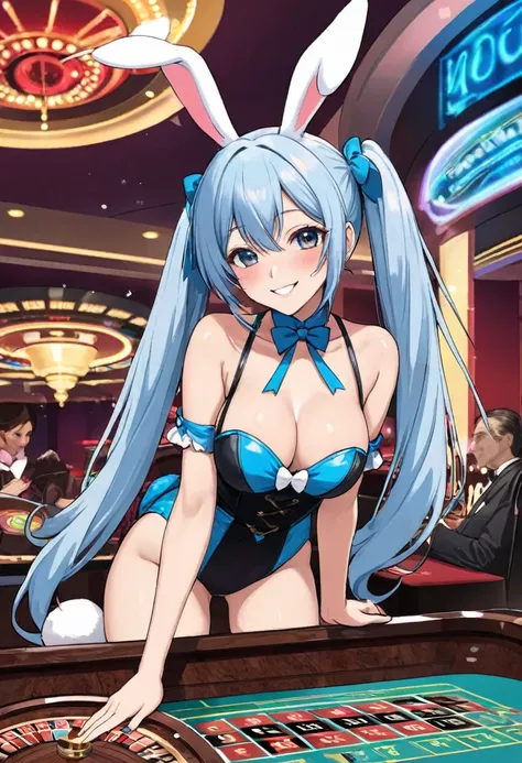 casino、Throwing the big dice on roulette、Roulette Dealer、Light blue long hair、Beautiful girl with twin tails、Bunny Girl Costume、Bright smile、