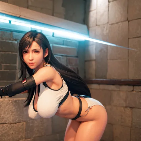 Tifa naked, whole body, pose sensual, round ass, big breasts and light brown eyes. 8k, Best Quality, masterpiece 1.2