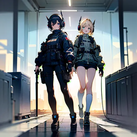 ((high quality)), ((masterpiece)), 8k, 2girls, bulletproof vest, light rays, extremely detailed CG unity 8k wallpaper, game cg, looking at viewer, gloves, boots, full body, watch, computer, mask, drone, holding weapon, headphones, jacket, bag, backpack,