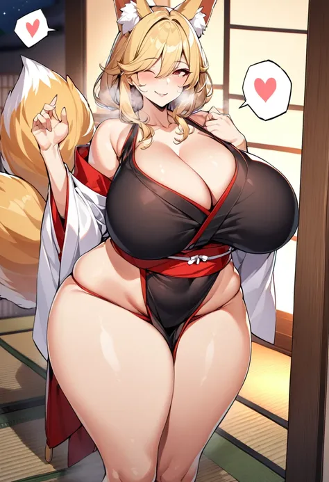 Highest quality、One girl, Mature Woman, Mature Woman, Japanese-style room、Tatami room、Sliding doors、Dark room、 plump, Voluptuous body,  Huge breasts, Saggy breasts, Wide Hips,  Miko costume, barefoot, Cleavage, Are standing, Blonde Nine Tails, smile, Short...