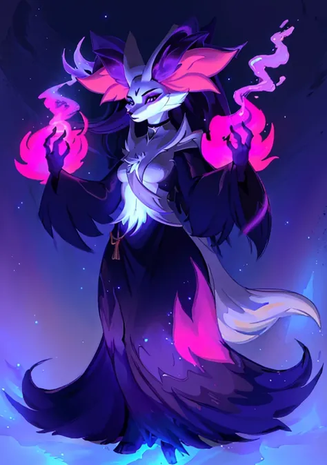 a closeup of a cartoon character with long hair, dark fox wizard, pira, aura of darkness, painted in the arcane style, arcane ar...