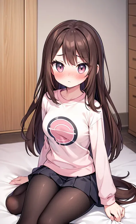 masterpiece,Highest quality,1 Girl,alone,Pokémon-like art style,(bold:1.6),(flat:1.5), Thin thighs,(pink long sleeve t shirt,White knee-length pleated skirt),Brown Hair,(blush:1.3),Long Hair,Black Pantyhose,Married Woman,Girl sitting,indoor,Big Breasts