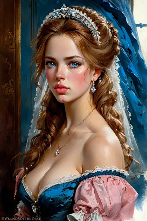 Victorian Hungarian women Women of the 18th century, Light Hazel hair, Pink lips, Nice features, Wadim Kashin, James Gurney, ink, Splash Art, Amazing beauty, Royo, after sexing, Super detailed splash art modern European oil ink painting, Mid Gorgeous chest...