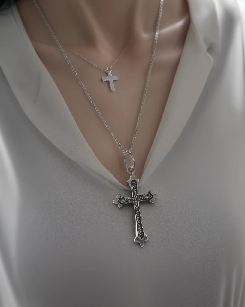 silver chain with cross pendant, light background with details, professional photography