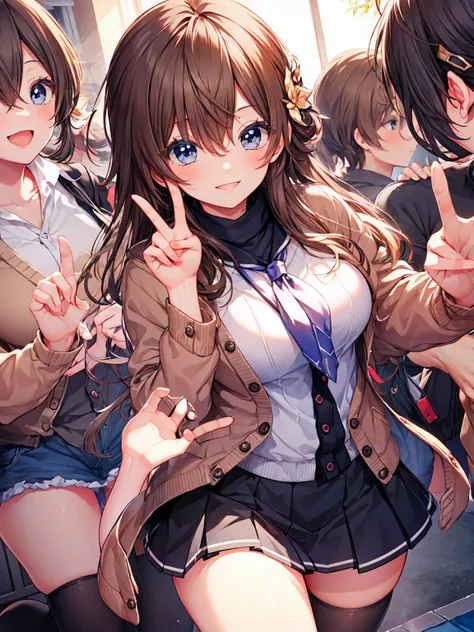 Smile,best Smile,double Peace,cardigan,miniskirt,masterpiece,best quality,ultra detailed,high resolution,extremely detailed CG, (perfect hand),