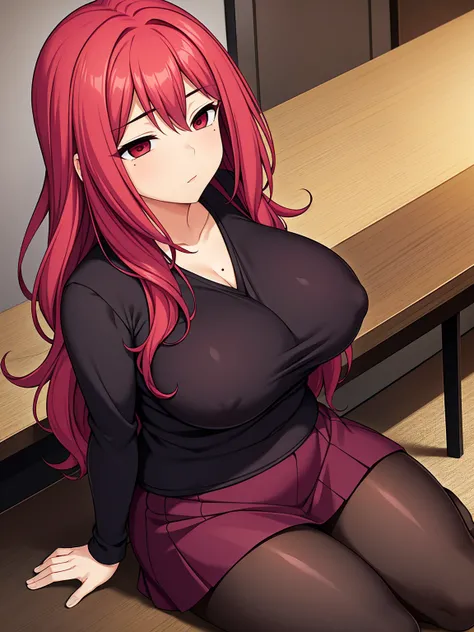 pink-hair red-hair,red-eyes,milf,Droopy eyes.chin mole、big-breast,35-year-old woman、milf、Red ruffled shirt、Black ruffled skirt、、long-hair,straight-hair,standing、red-lips-makeup,、whole body、Plump legs,独奏,Knitted clothing、black-pantyhose