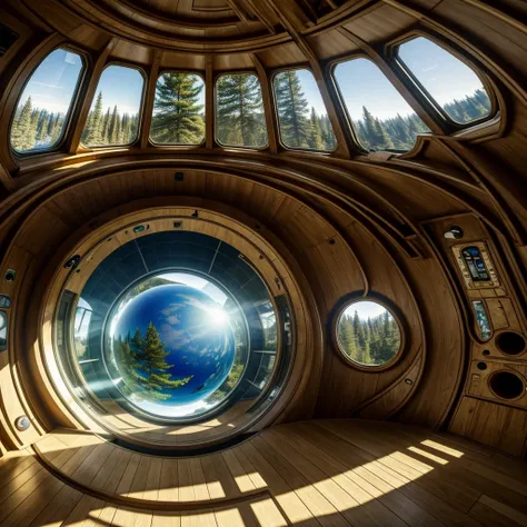 best quality, masterpiece, 4K, detailed, shading, inside a sci-fi golden sphere shelter, sci-fi, futuristic architecture (perfect sphere), (interior view:1.4), (conifer forest outside:0.6)