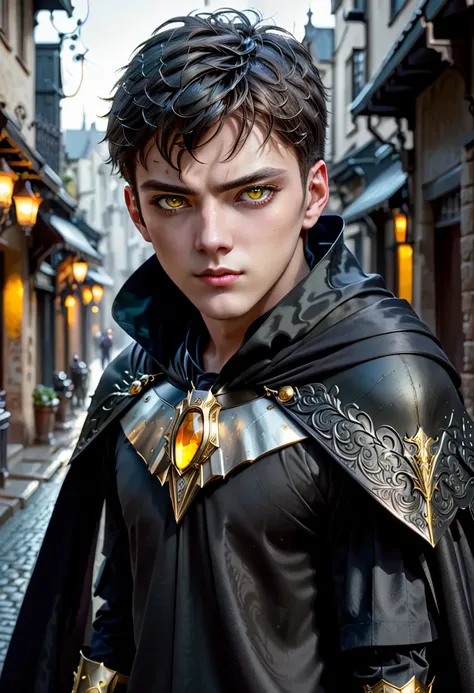 A dark-haired boy with yellow eyes, pale skin, wearing a black cape, walking down a dark street, atmospheric lighting, dramatic shadows, cinematic, highly detailed, photorealistic, (best quality,4k,8k,highres,masterpiece:1.2),ultra-detailed,(realistic,phot...