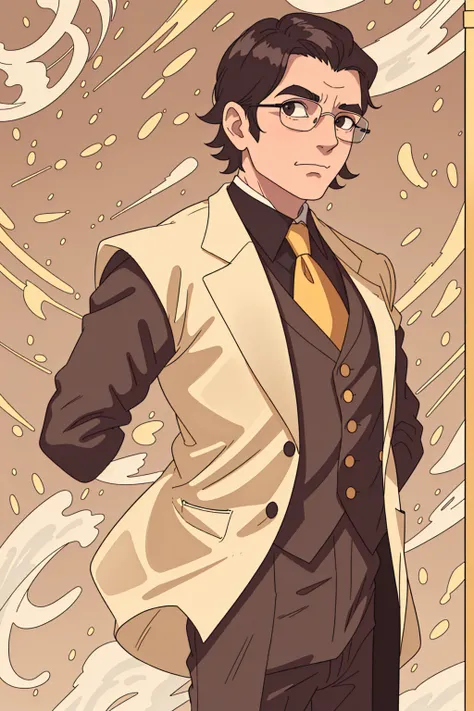 A thinner man wearing a tight-fitting tuxedo and suit, extremely short swept back hair, very long sculpted face, looking very smug, wearing round circular glasses, wearing a yellow suit with gold accents, standing in front of a golden sky