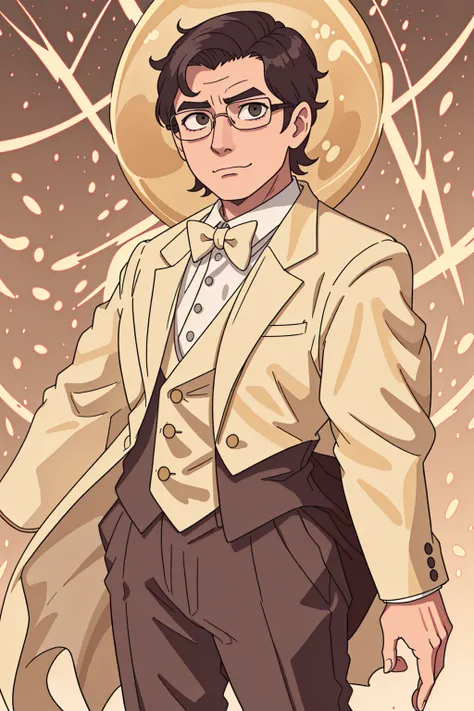 A thinner man wearing a tight-fitting tuxedo and suit, extremely short swept back hair, very long sculpted face, looking very smug, wearing round circular glasses, wearing a yellow suit with gold accents, standing in front of a golden sky