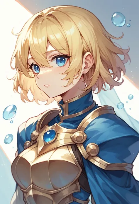 Beautiful knight, with sapphire blue eyes and coppery blonde neck length hair wearing armor 