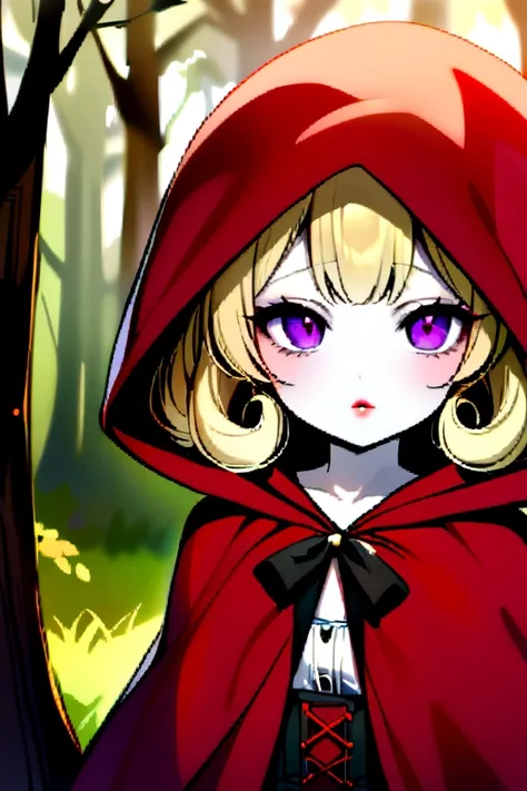 a curly blonde young woman, pale skin with violet eyes and reddish lips, dressed as little red riding hood, with a forest in the...